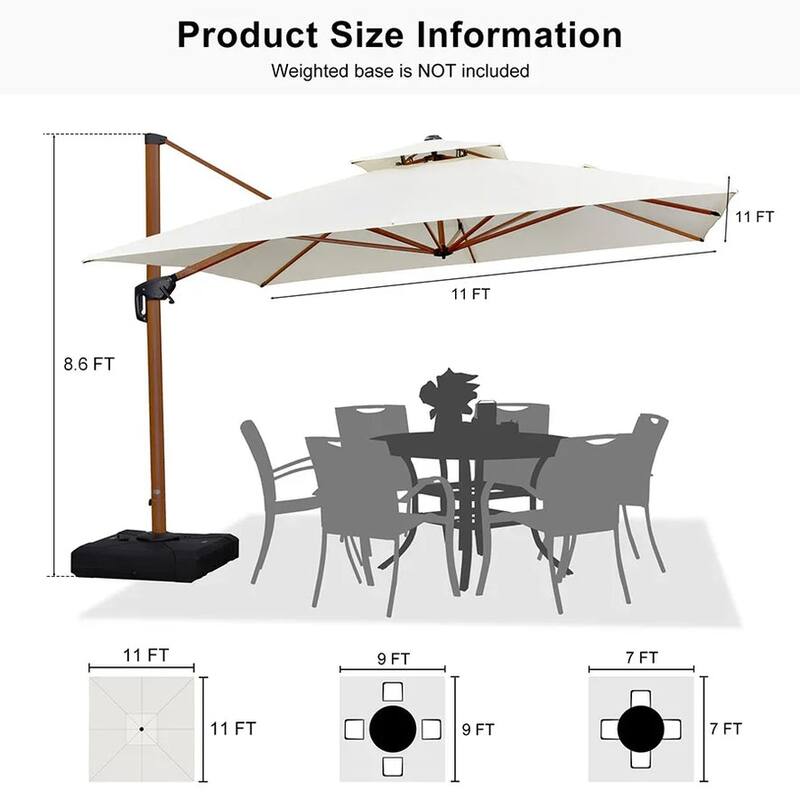 PURPLE LEAF 11ft Square outdoor cantilever Patio Umbrella wood colour
