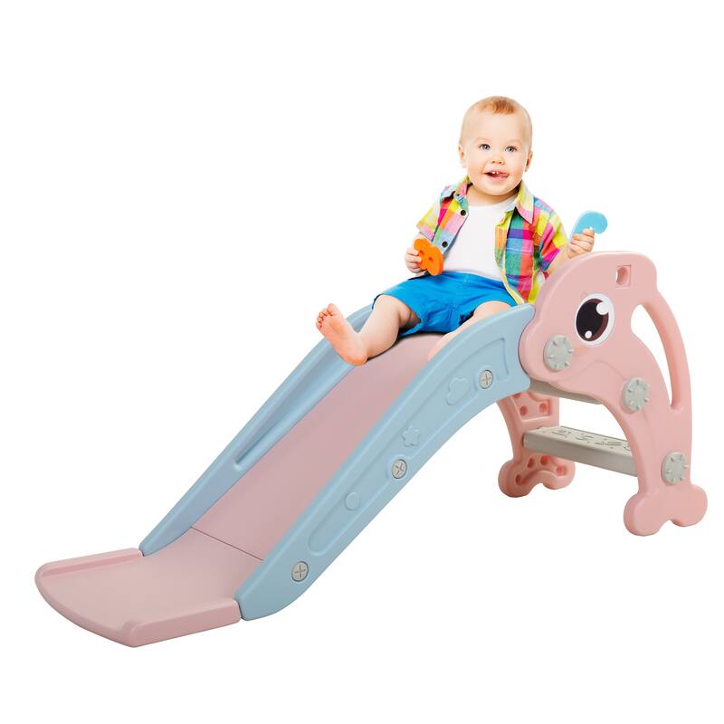 2 in 1 Slide, Toddler Freestanding Extra Long Slide with Basketball Hoop & Ball, Indoor Outdoor, Pink