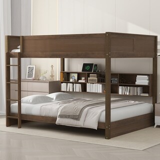 Queen Over Queen Bunk Bed, Wood Bunk Bed with Storage Cabinets and Charging Station
