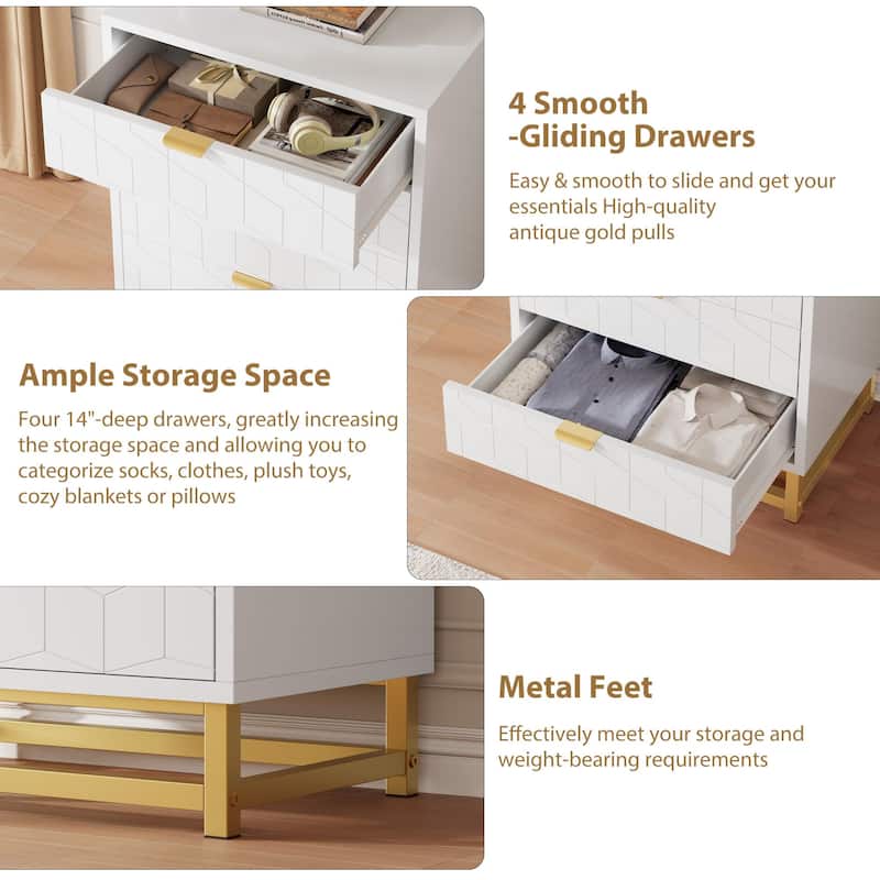 4 Drawer Dresser for Bedroom, Modern Wooden Chest of Drawers with Gold Handles