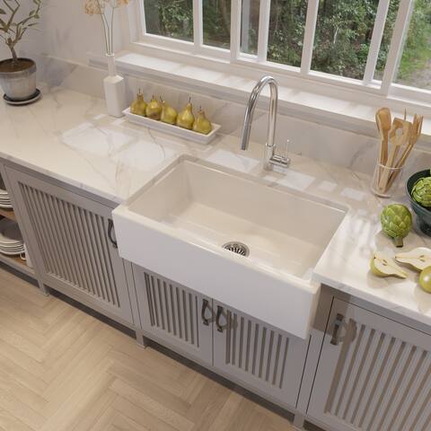 White Italian Fireclay Reversible Farmhouse Kitchen Sink - 29.75" x 18" x 10"
