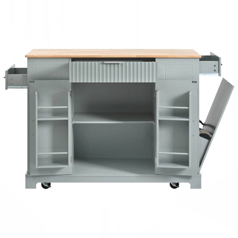 Kitchen Island with Trash Can Storage Cabinet, Power Outlet, Internal Storage Rack, Rolling Kitchen Islands on 5 Wheels