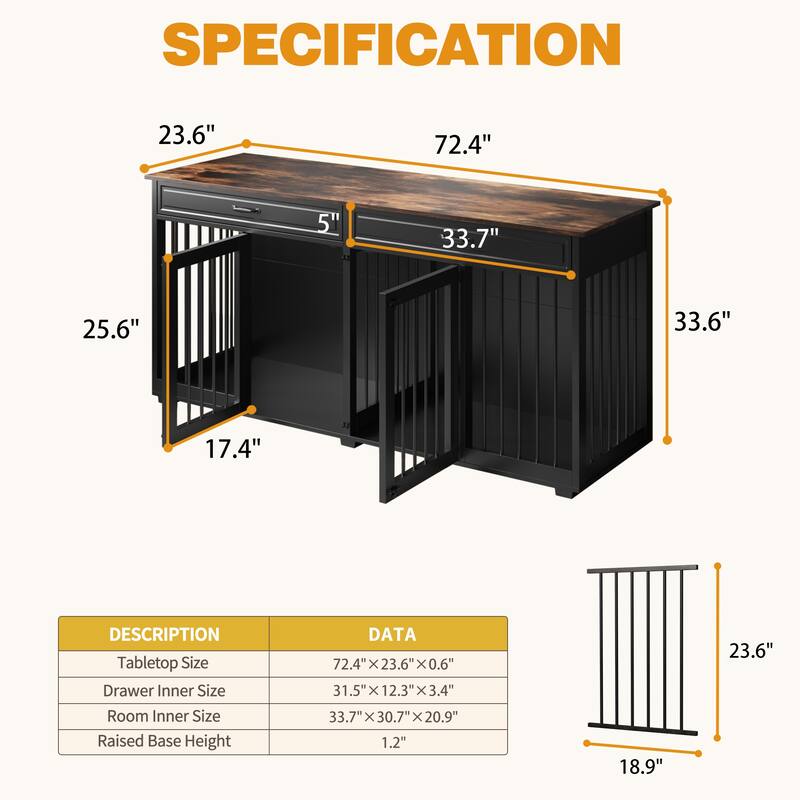 72.4 Inch Wooden Large Furniture Dog Crate with Drawers & Divider
