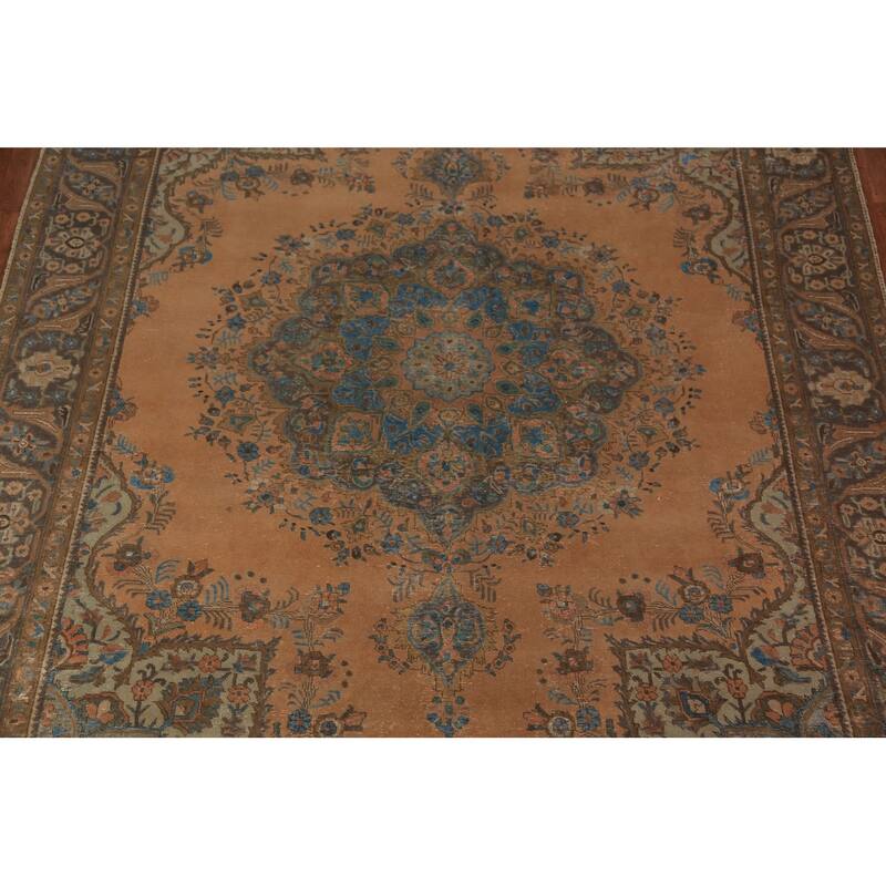 Orange Medallion Tabriz Persian Area Rug Hand-Knotted Wool Carpet - 9'7"x 12'10"