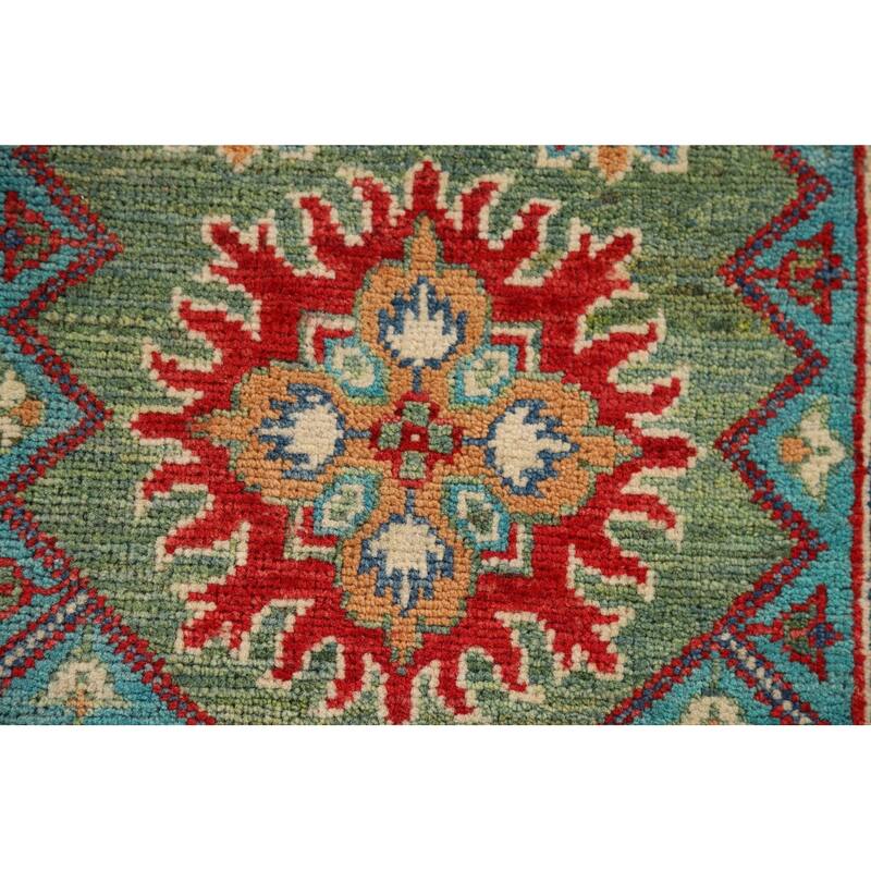 Green Geometric Kazak Oriental Foyer Rug Hand-Knotted Wool Carpet - 2'8" x 4'0"