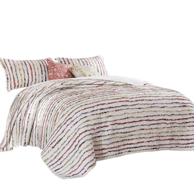 Five Piece King Size Cotton Quilt Set with Sewn Floral Ruffles, Multicolor