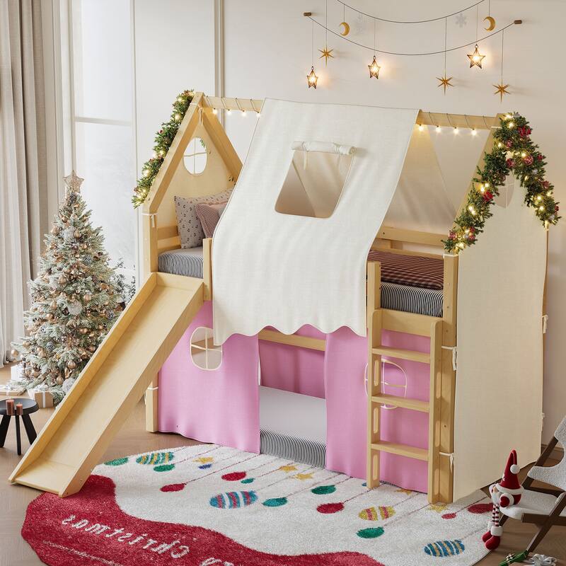 Fairytale Loft Bed Wooden House Bed with Tents, Light Strip and Slide