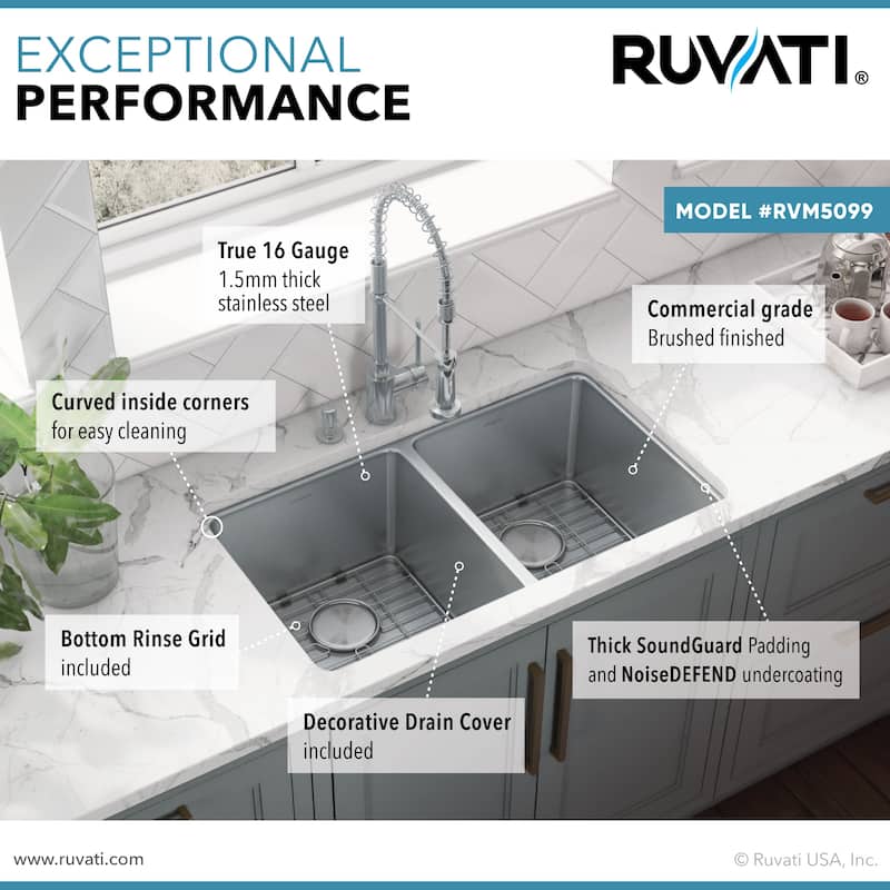 Ruvati 31-inch Undermount Kitchen Sink 50/50 Double Bowl 16 Gauge Stainless Steel - RVM5099 - 8' x 11'