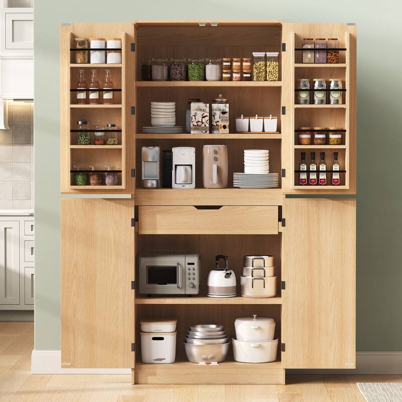 Farmhouse Kitchen Pantry Cabinet Storage Cupboard with 8 Door Shelves, 3 Adjustable Interior Shelves, Hidden Drawer