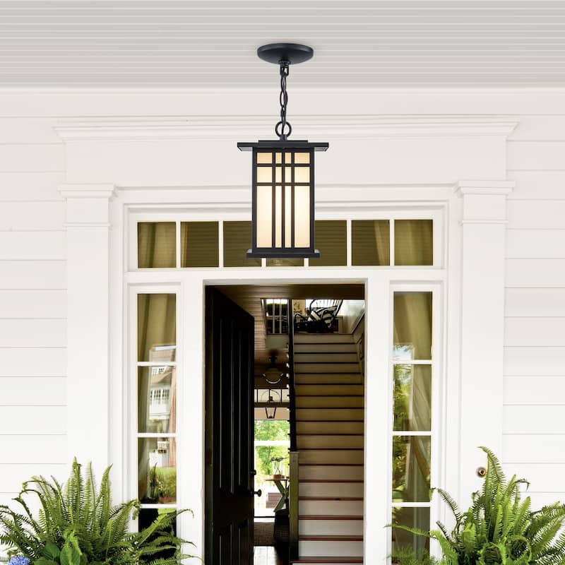 Black Outdoor Pendant Light with White Glass Porch Ceiling Fixture - Dia.7.48-in