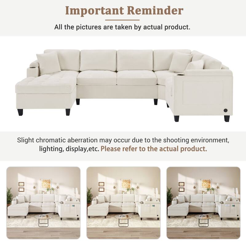 Oversized Corner Sectional, Modern U-Shaped Sectional Sofa with Built-in Storage Boxes and Dual Cup Holders, USB Ports, Pockets