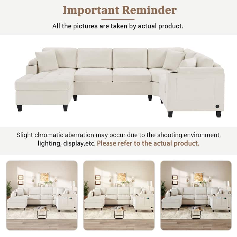 Roomfitters 115.7-Inch Modern U-Shaped Oversized Sectional Sofa, Corner Living Room Couch with Built-In Cup Holders