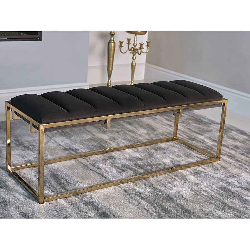 Lorena Velvet Upholstered Bench Dark Grey and Gold