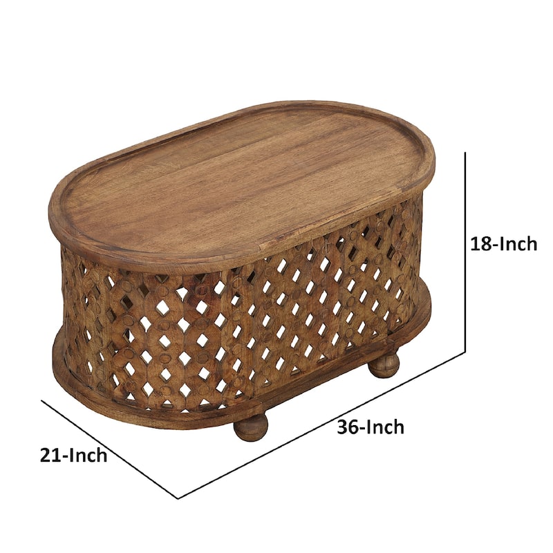 36 Inch Handcrafted Oval Coffee Table, Intricate Cutout Design, Antique Brown