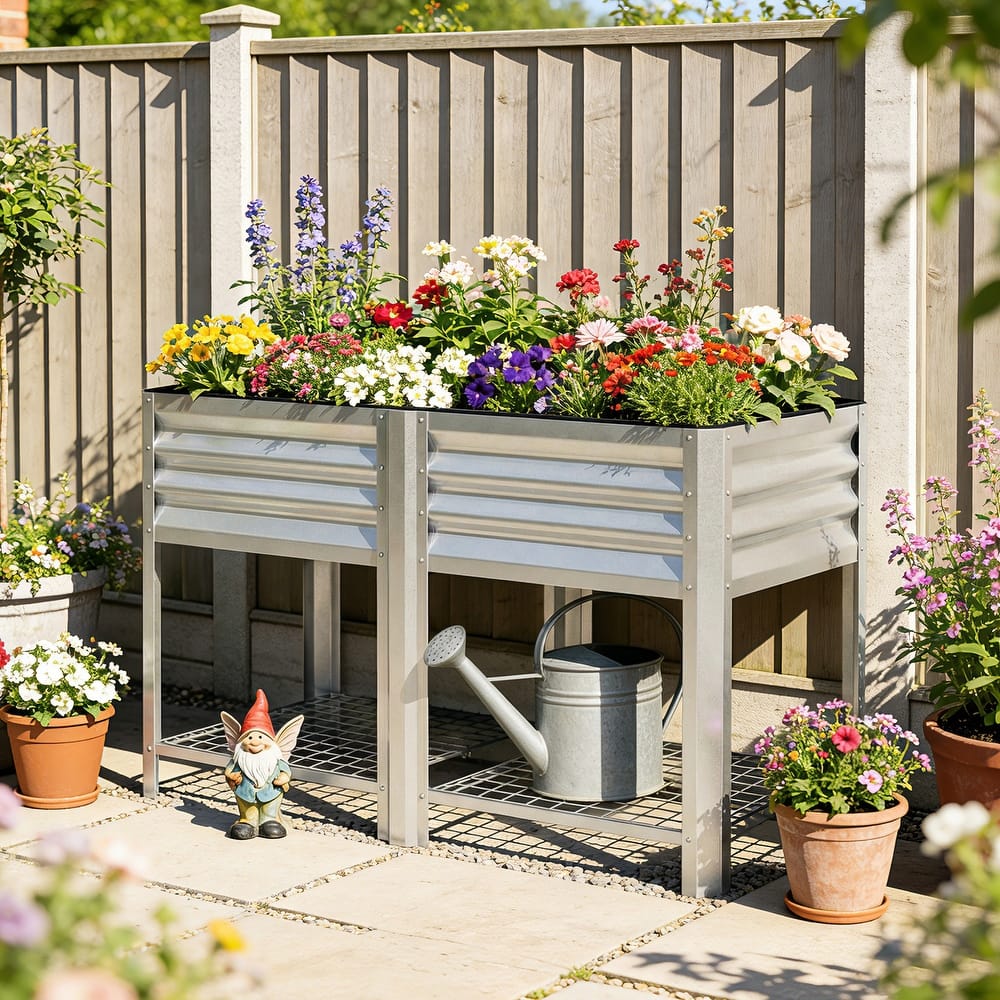 Outsunny Galvanized Steel Raised Garden Bed with Storage Shelf and Bed Liner, Elevated Planter Box with Legs