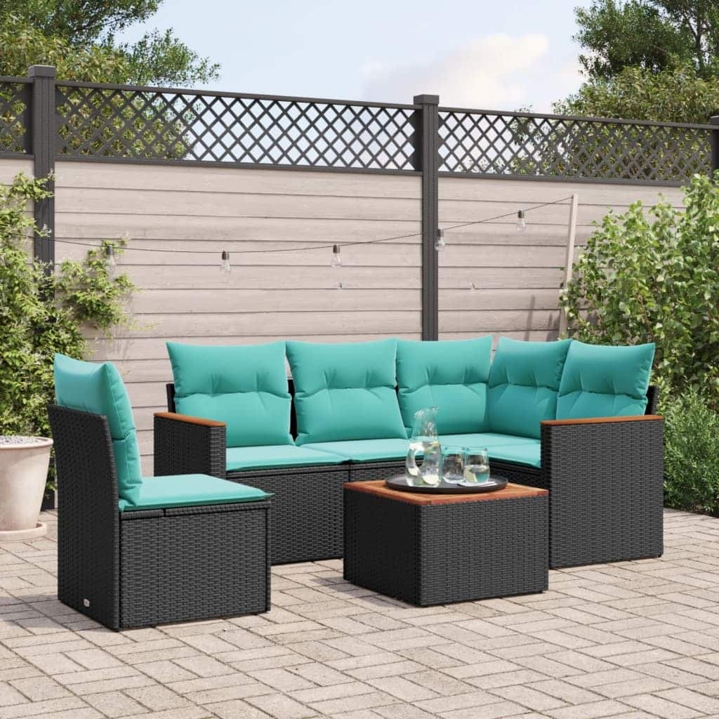 vidaXL 6 Piece Patio Sofa Set with Cushions Black Poly Rattan - 92.5x27.2x46.1
