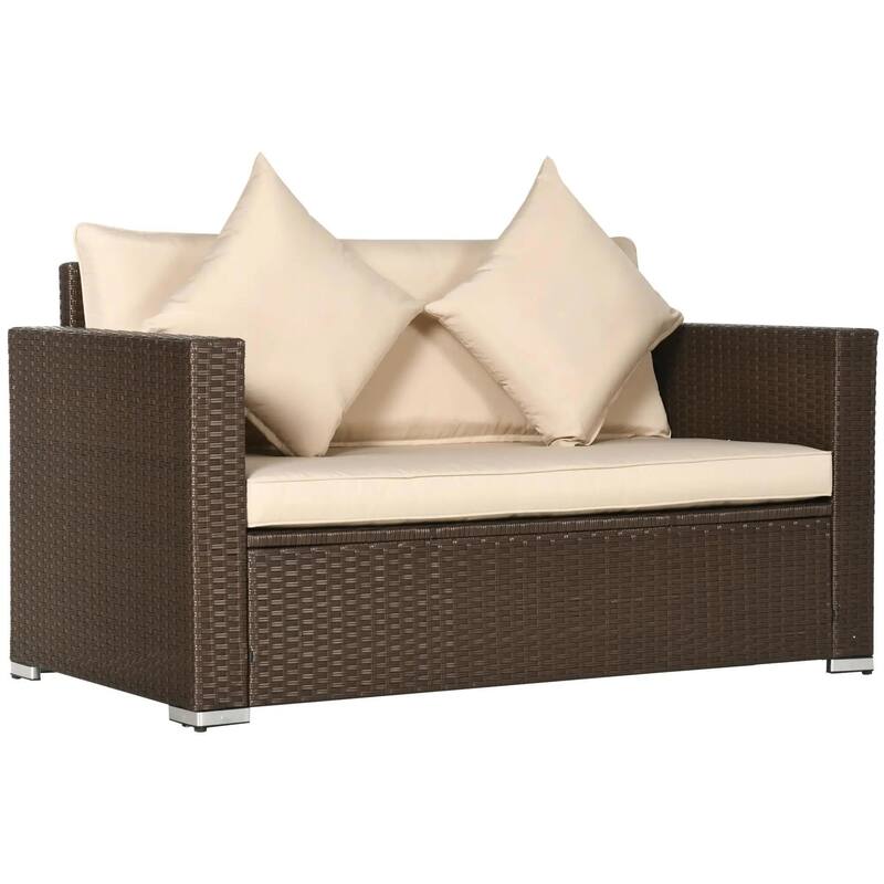 PE Rattan Outdoor Loveseat with Cushions and 2 Throw Pillows