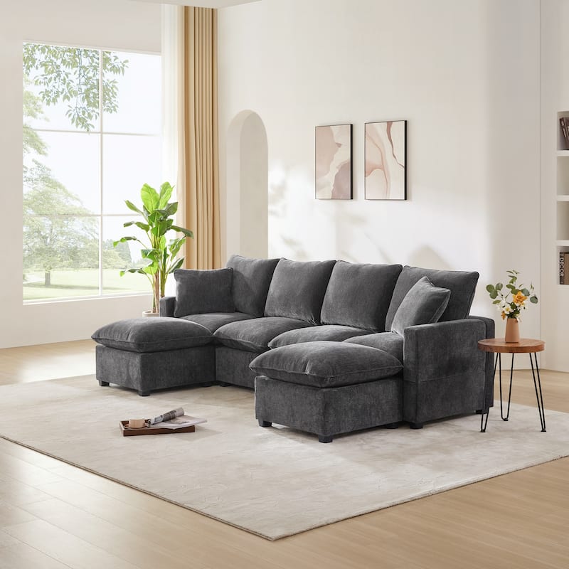 Black+Grey 6 Seat Sectional Sofa Set with Ottomans Chaise Lounges