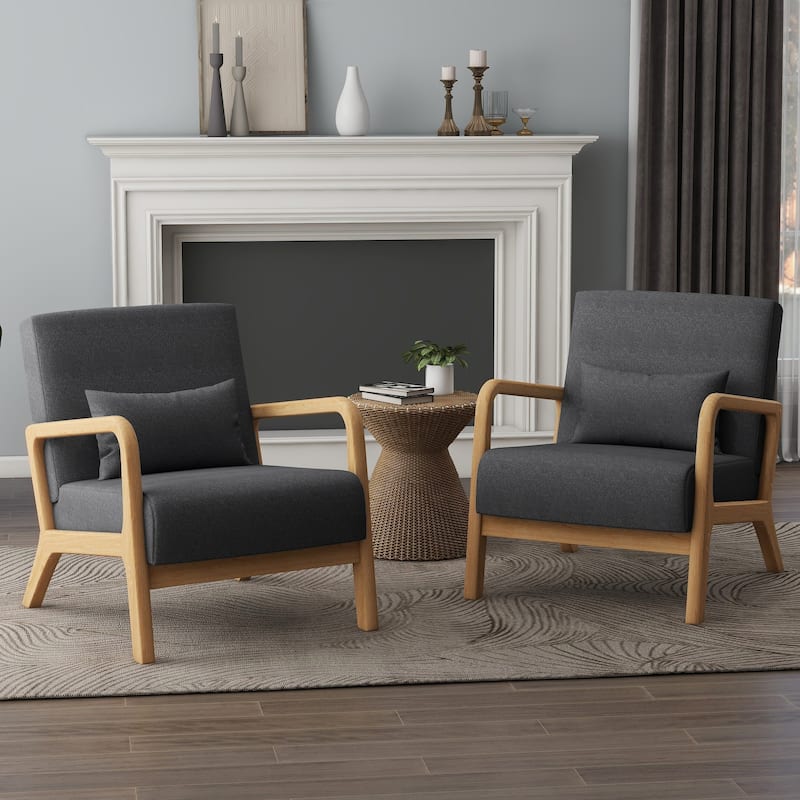 Upholstered Armchair Leisure Chair Accent Chairs Set of 2 with Pillow - Dark Grey/Linen/Natural Wood