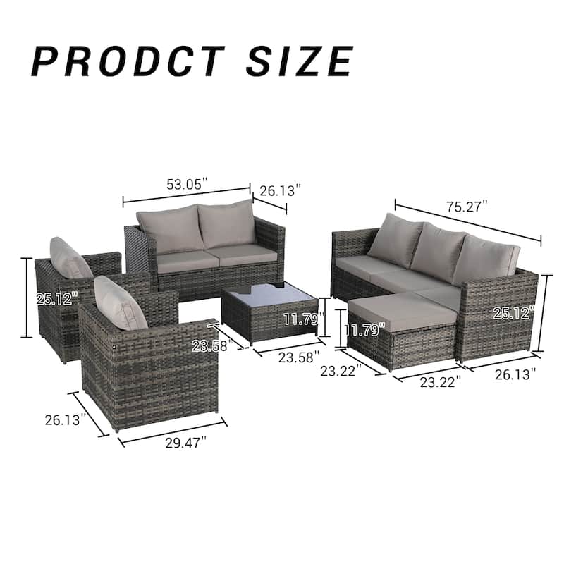 6-Piece Outdoor Patio Rattan Conversation Sectional Sofa Set with Tempered Glass Coffee Table and 2 Armchair