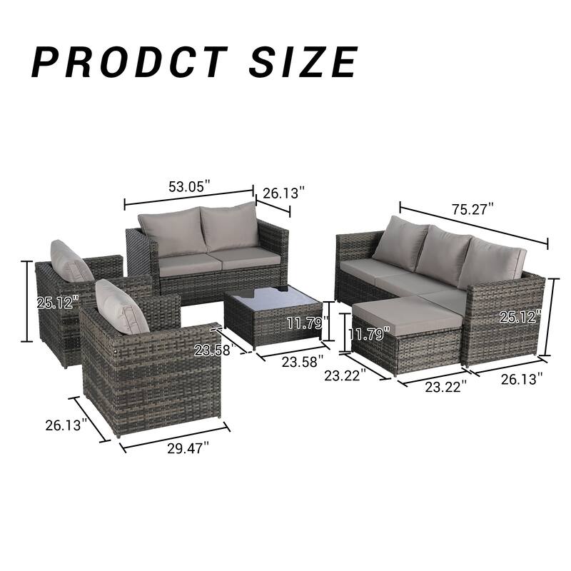 6-Piece Rattan Sectional Sofa Set with Glass Table & Armchairs
