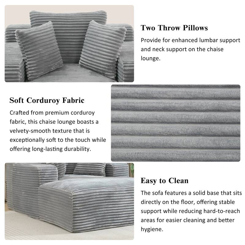 Full-compressed Grey Corduroy Chaise Lounge Sofa Bed with Removable Pillows