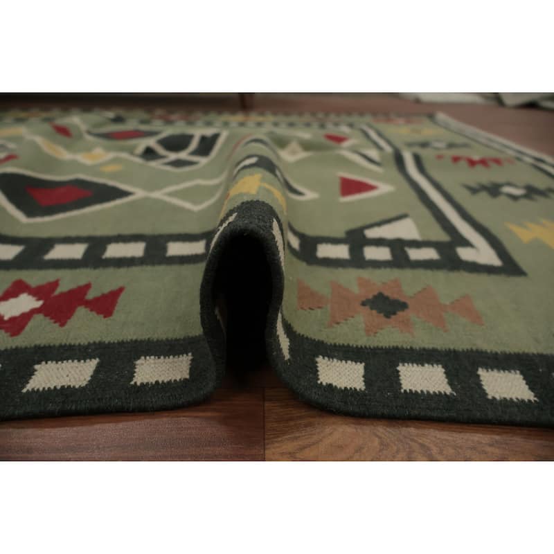 Hand Woven Oriental 100% Wool Carpet Southwestern Tribal Green Kilim Area Rug - 8' 1'' X 4' 10''