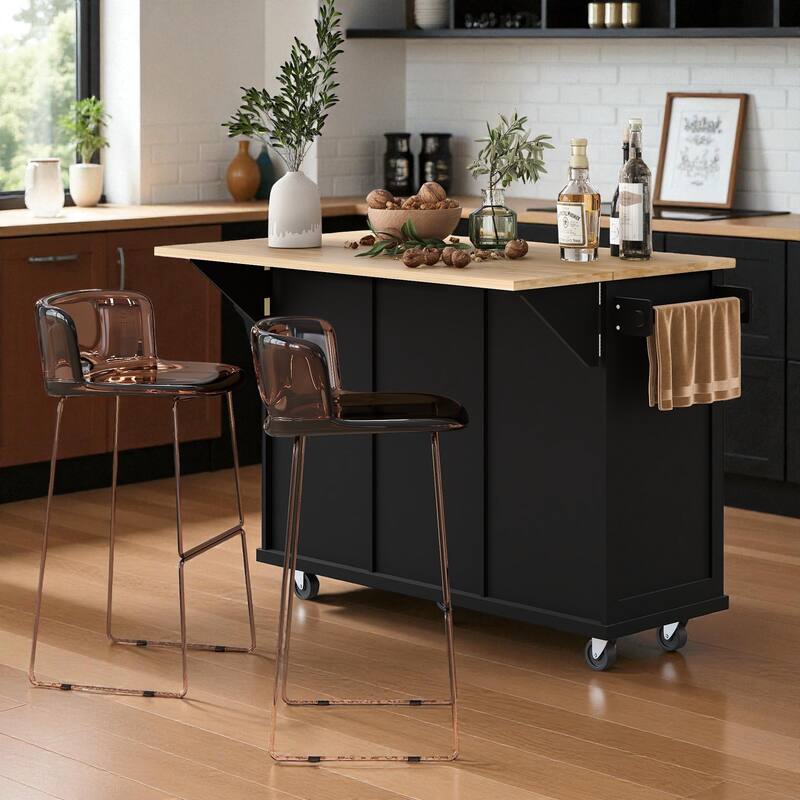 53" Kitchen Island Cart with Rubber Wood Drop Leaf, Rolling Storage Cabinet with Drawers, Spice & Towel Rack