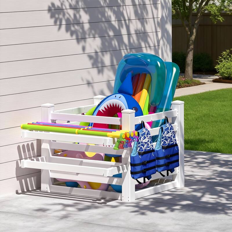 Waterproof Outdoor Pool Storage Bin with Hooks, Basket Holder or Long Panel for Poolside & Patio - Basket Holder