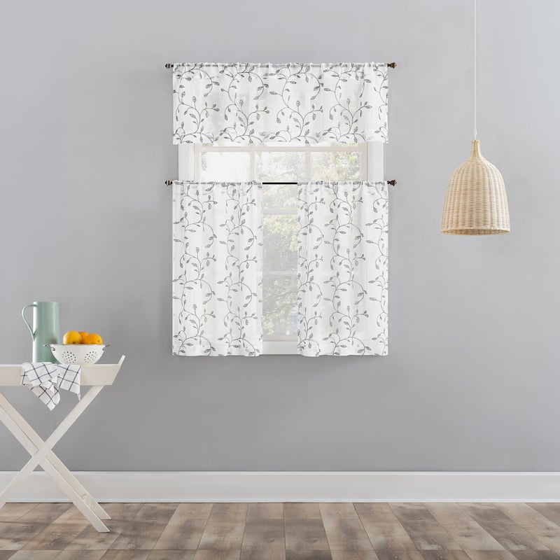 No. 918 Francine Embroidered Foliage Semi-Sheer Rod Pocket 2-Piece Kitchen Curtain Tier Pair - 54" x 36"