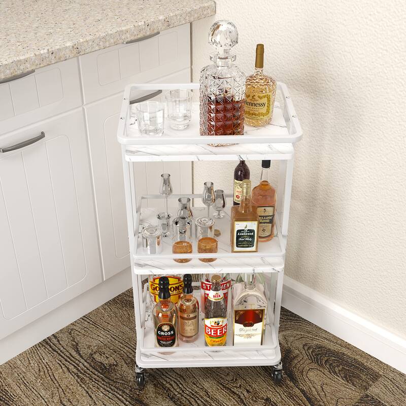 3-Tier Rolling Serving Bar Cart, Wood and Metal Kitchen Island Storage Cart with Wheels, Multifunction Utility Drink Cart