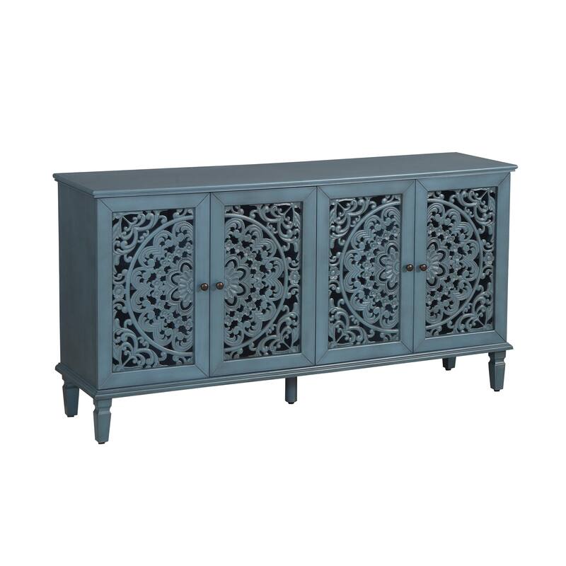 60" Antique Buffet Cabinet with Floral Carvings with Solid Wood Legs