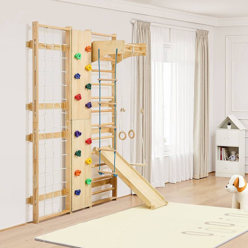 9 in 1 Wall Mounted Indoor Jungle Gym Climbing Playset Solid Pine Wood for Kids and Adults with Ladder and Stall Bars