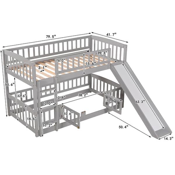 dimension image slide 1 of 3, Modren Twin Over Twin Versatile Low Bunk Bed With Slide,Fence and Ladder For Toddler Kids Teens