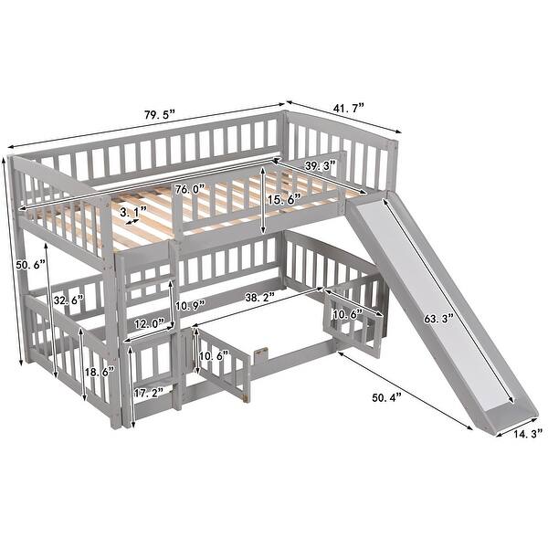 dimension image slide 0 of 3, Twin Over Twin Wooden Bunk Bed,Low Bunk Bed with Built-In Ladders and Slides