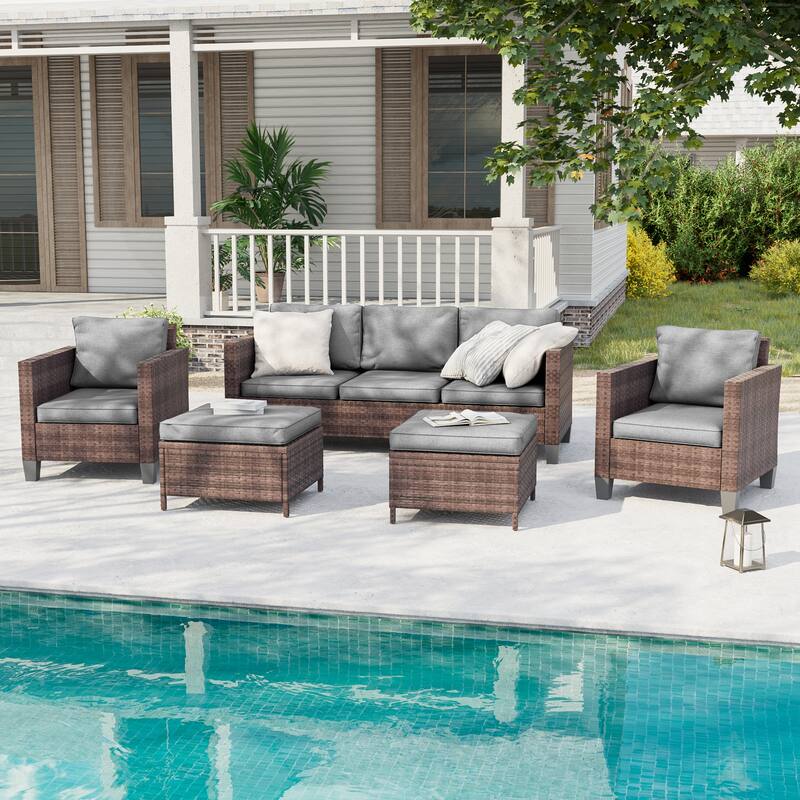 BONOSUKI 5-Piece Patio Sofa Sets Brown Rattan Outdoor Furniture Set - Grey