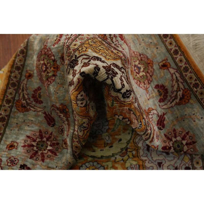 Hand Knotted Traditional Silk Orange Floral Area Rug - 3' 3'' X 2' 5''