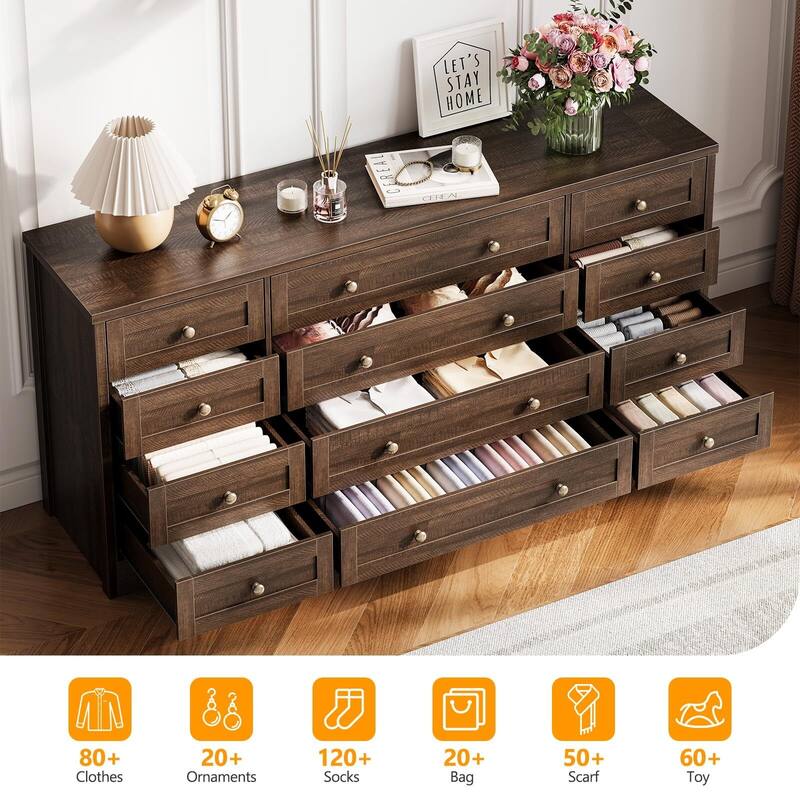 Dresser for Bedroom,Withe Long Wood Dresser with 12 Drawers,Storage Chest of Drawers with Plug-in Charging Hub
