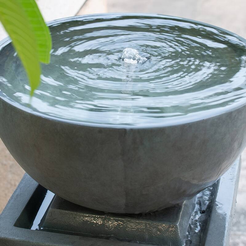 35.5" Polyresin Gray Zen Bowl Water Fountain, Outdoor Bird Feeder /Bath Fountains, Relaxing Water Feature