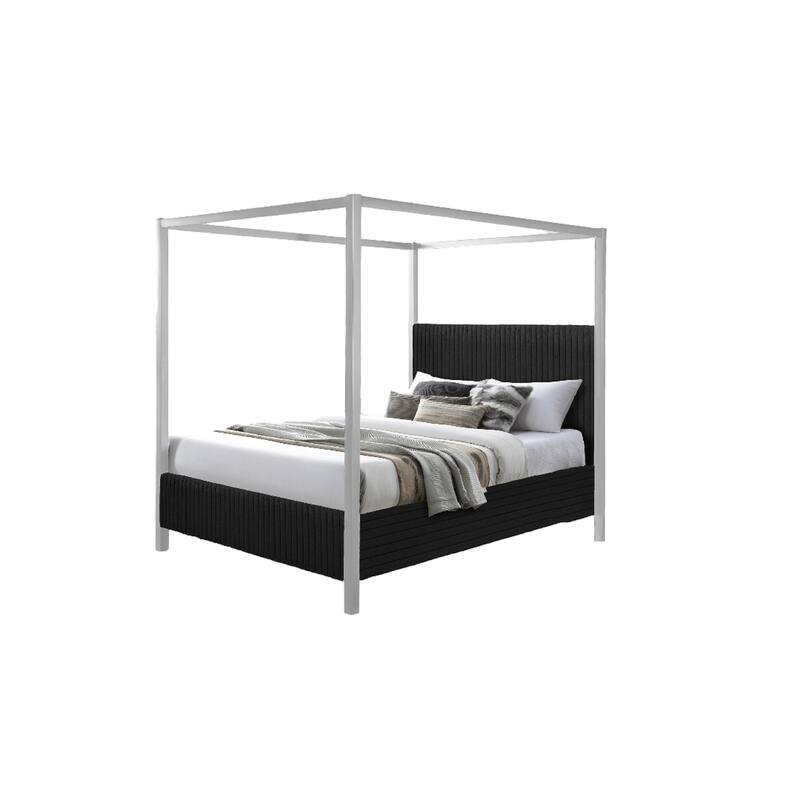Modern Canopy Queen Bed with Upholstered Headboard and Vertical Channeling