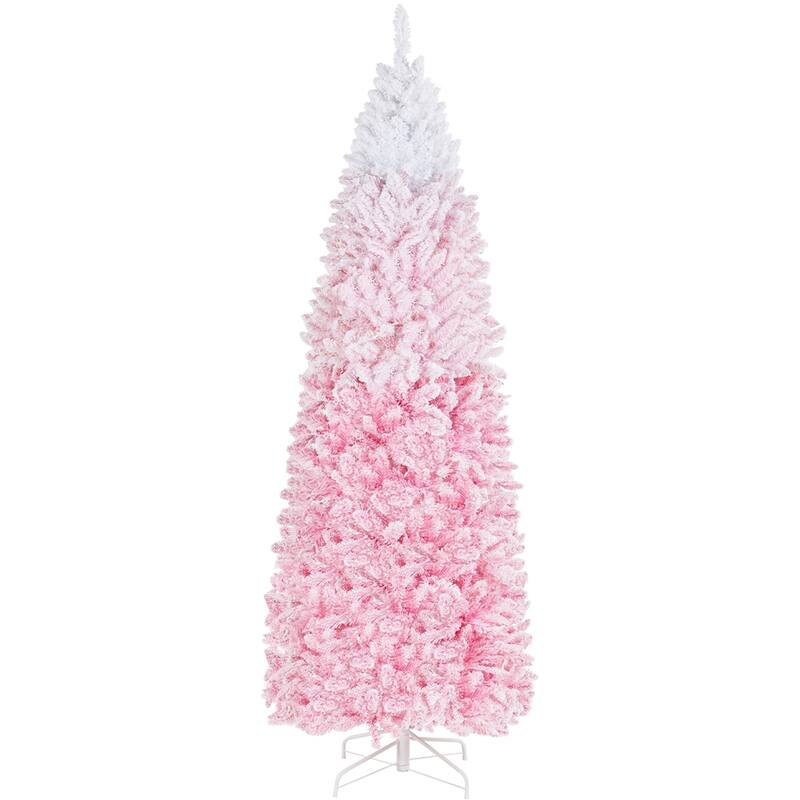 Yaheetech Prelit Flocked Pencil Artificial Christmas Tree Holiday Decoration Hinged Spruce - 7.5 Foot