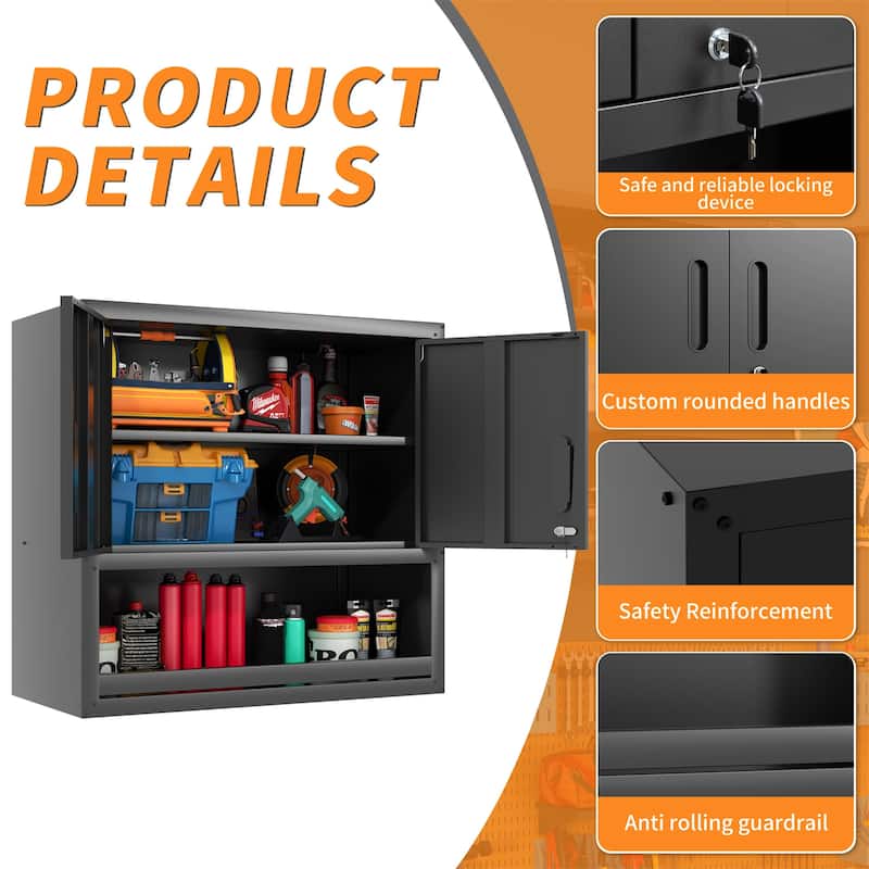 Metal Wall-Mounted Tool Storage Cabinet with Locking Door and 1 Shelf 1 Opened Drawer
