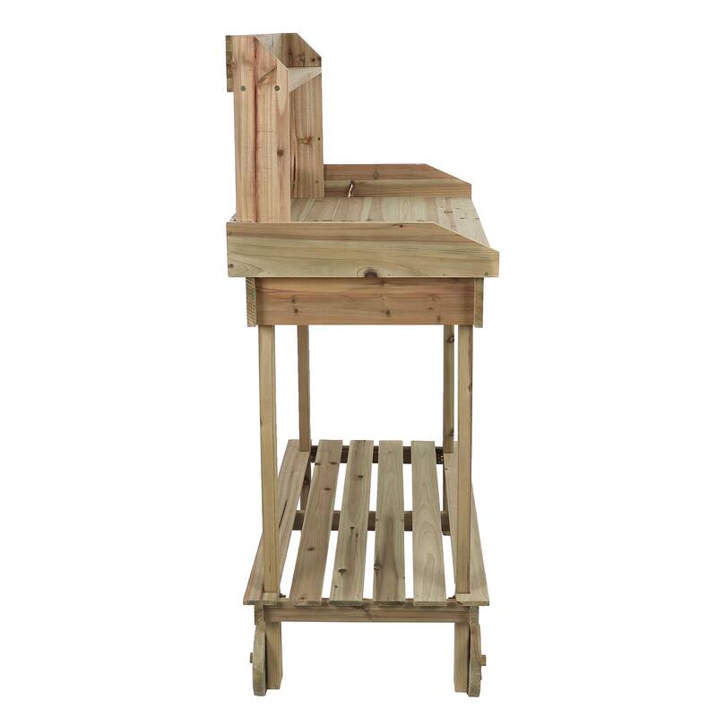 Natural Wood Mobile Potting Bench with Storage