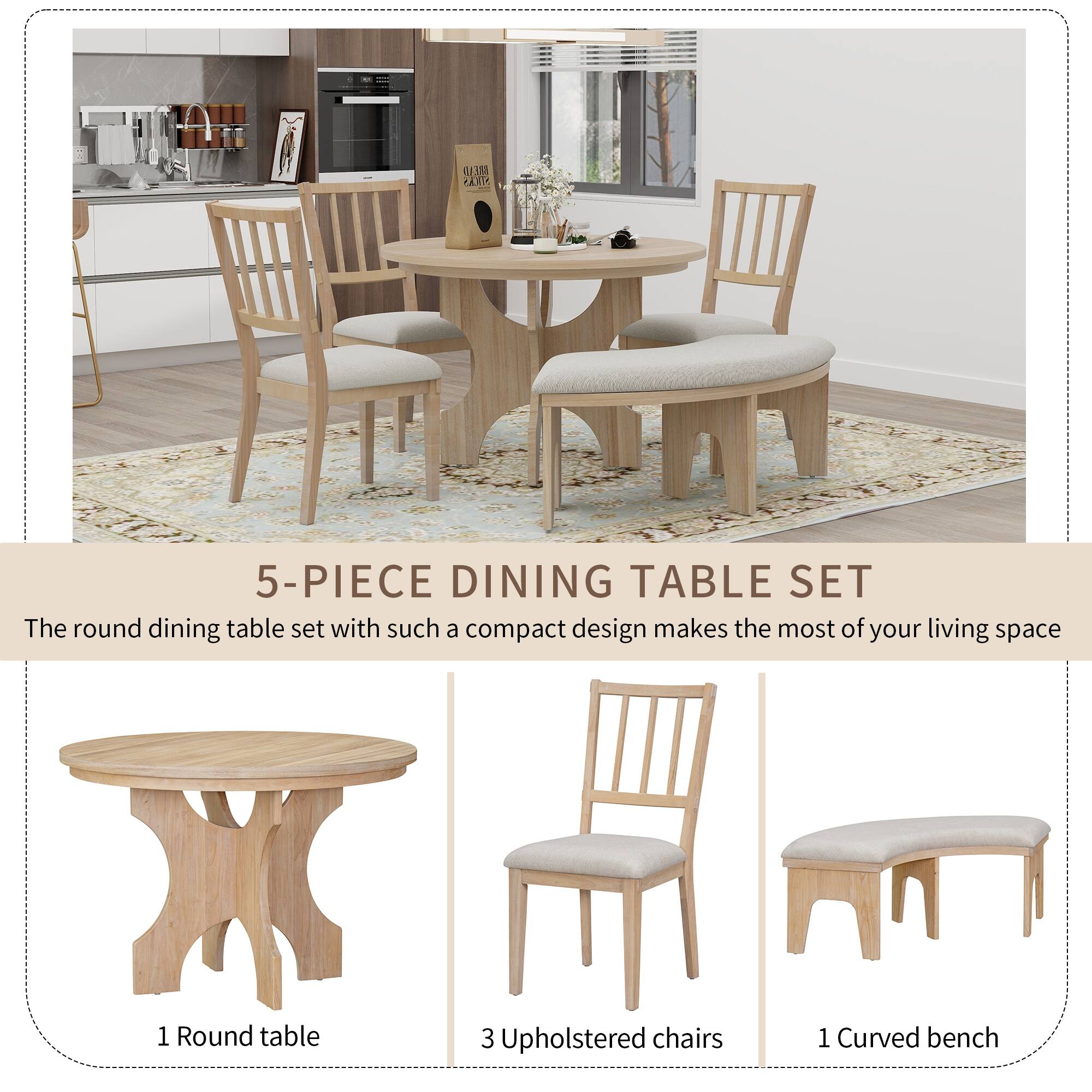 5Piece Retro Round Dining Table Set with Curved Bench & 3 Upholstered