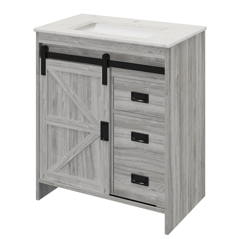 EROMMY Farmhouse Bathroom Vanity with Ceramic Top and Sliding Barn Door Sink Cabinet, Rustic Single Sink Vanity