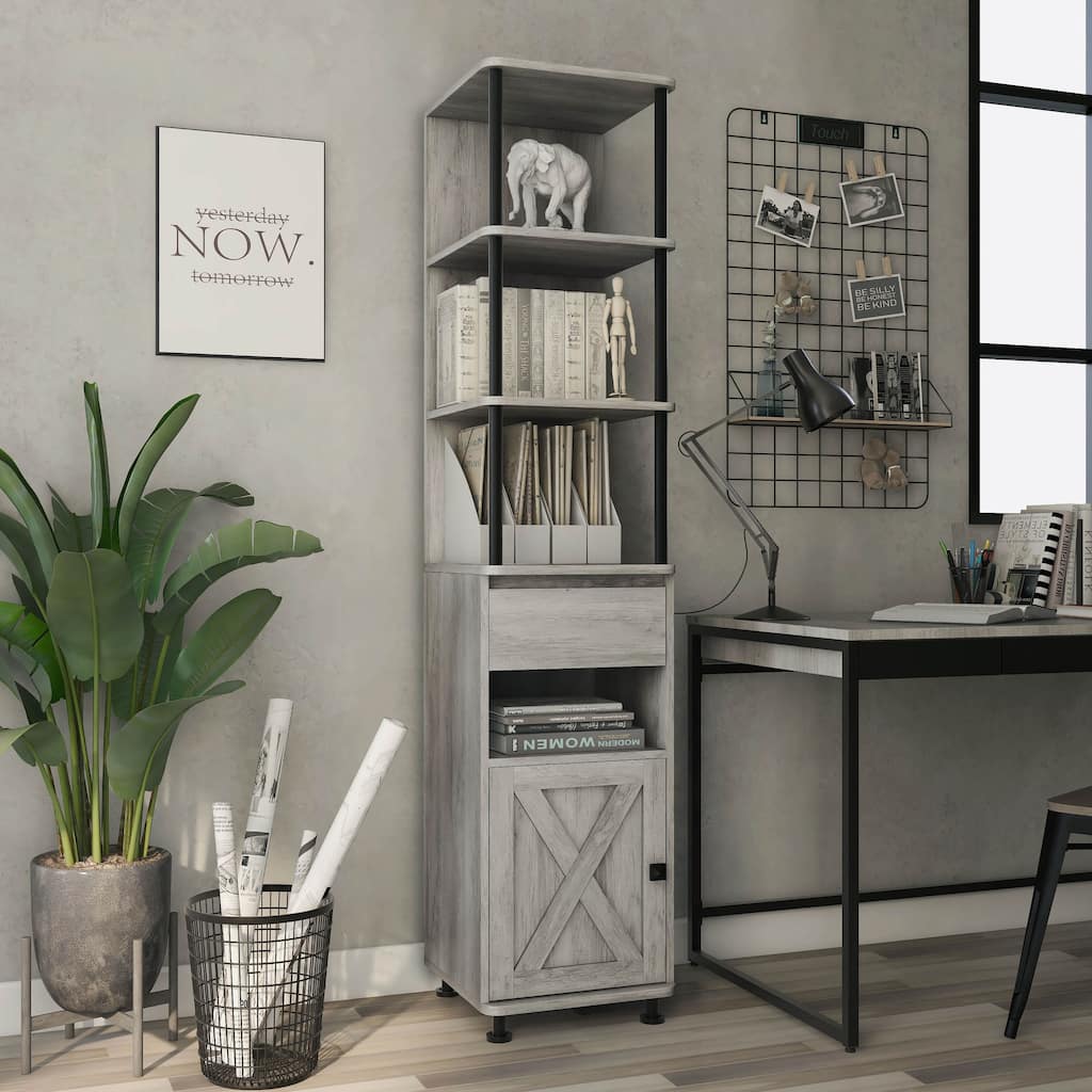 DH BASIC Industrial Vintage Grey Oak 72-inch Iron 4-Open Shelf Media Pier by Denhour