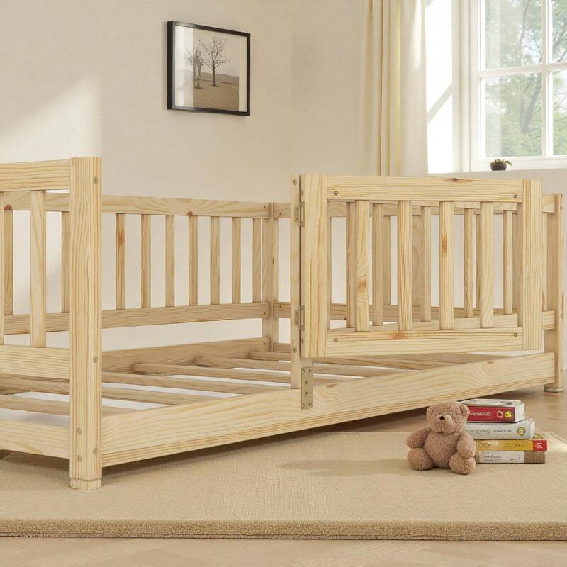 Twin/Full Montessori Floor Bed with Slats, Fence and Door, Wood Low Kids Bed for Girls and Boys, No Box Spring Needed