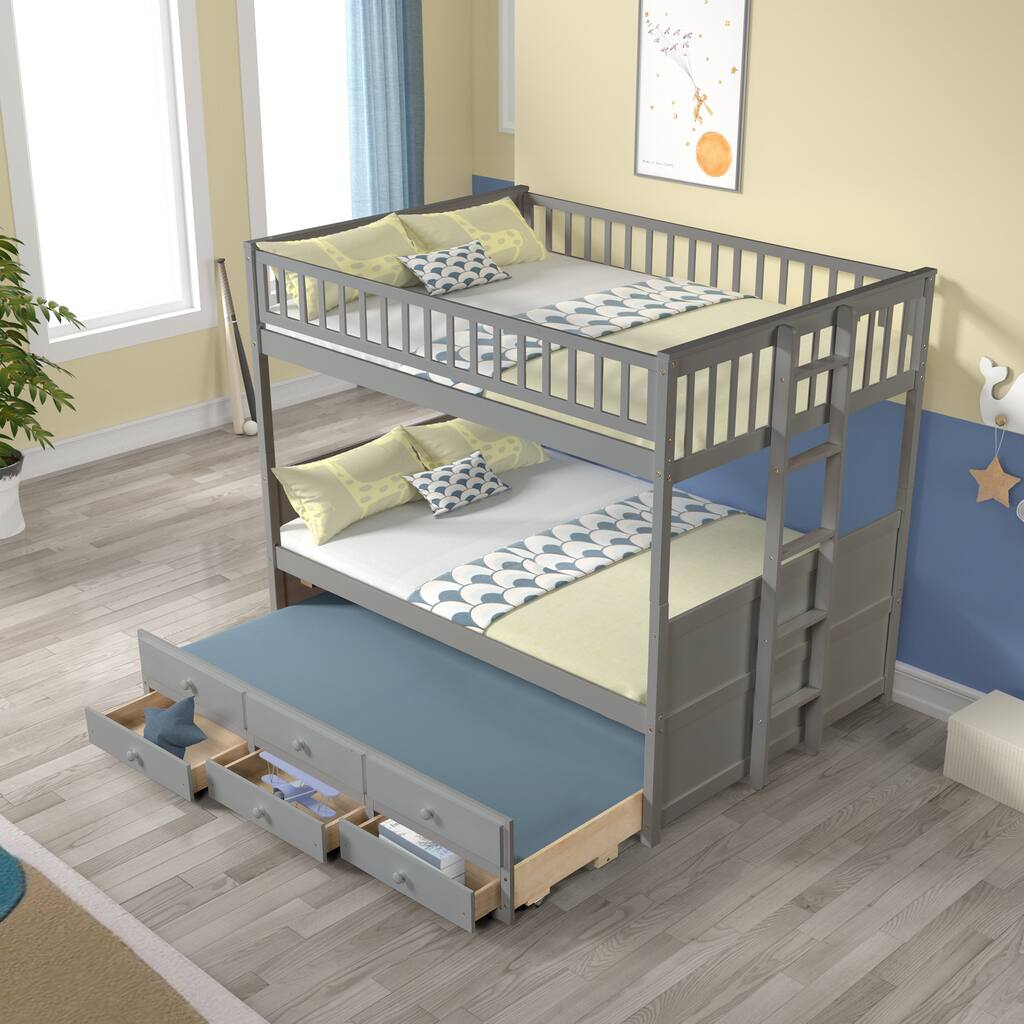 Gray Full over Full Bunk Bed with 3 Drawers and Twin Trundle