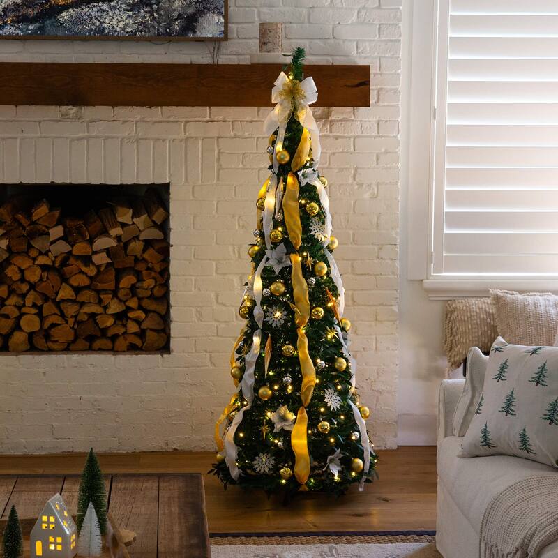 6-ft Pre-Lit Pop up Christmas Tree with Gold & Silver Ornaments