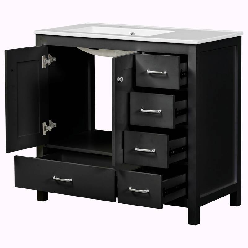 36" White Bathroom Vanity with Ceramic Sink Combo, Ample Storage Cabinet - 2 Soft-Close Doors and 5 Drawers